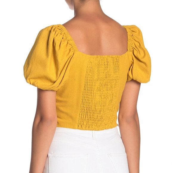 NWT Band of Gypsies Boho Yellow Tie Front Short Balloon Sleeves Linen Top, XS - Picture 3 of 7